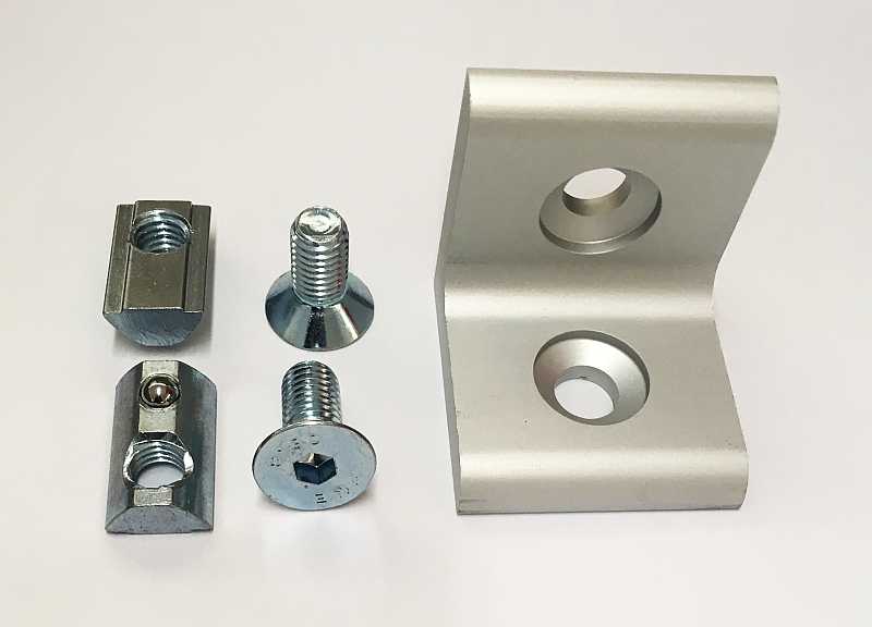 Winkelverbinder 40x40 aus Alu eloxiert, Satz mit Nutensteinen, Schrauben